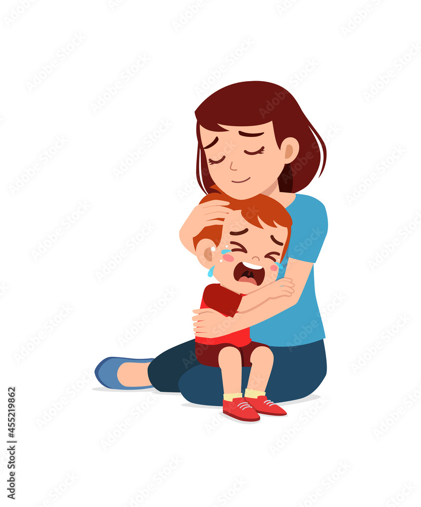 young mother hug crying little boy and try to comfort
