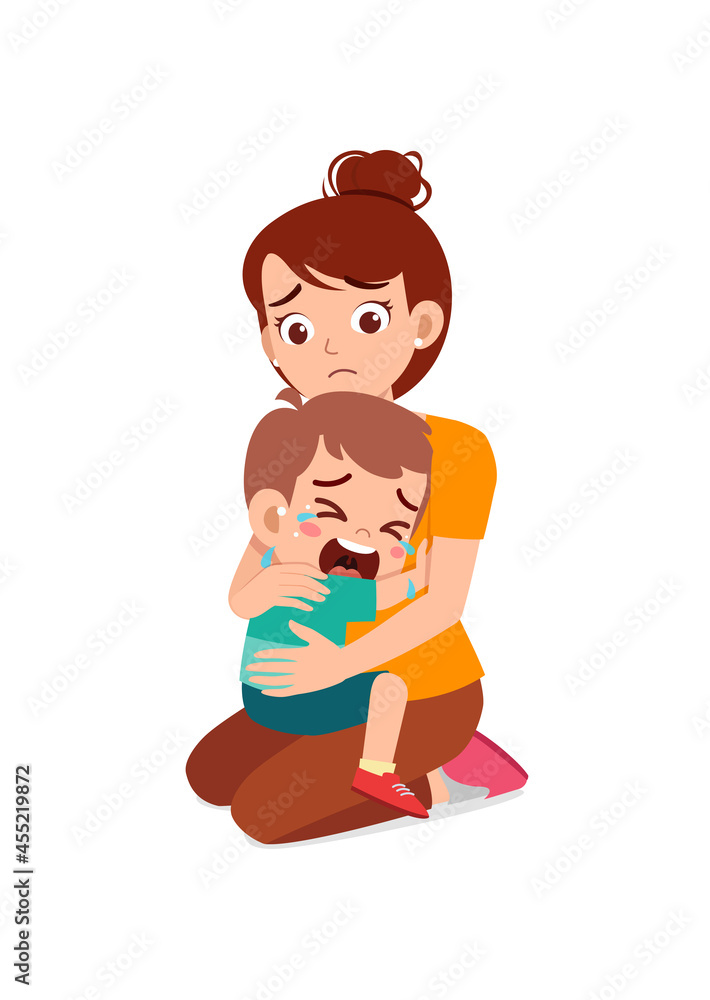 young mother hug crying little boy and try to comfort