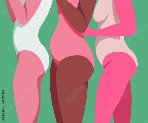 illustration in trendy colors on the theme of body positive. three girls with different bodies and different skin colors in lingerie stand sideways and are not shy about their bodies and fat folds