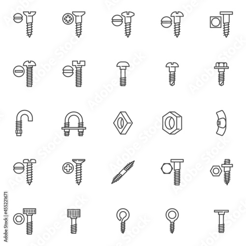 Types of screws line icons set