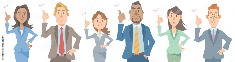 Group of diverse business people with thumbs up on white background. Positive, successful, cheerful, happy. Vector illustration in flat cartoon style. Group of diverse business people with thumbs up on white background. Positive, successful, cheerful, happy. Vector illustration in flat cartoon style.