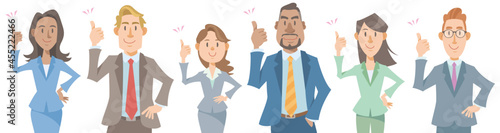 Group of diverse business people with thumbs up on white background. Positive, successful, cheerful, happy. Vector illustration in flat cartoon style.