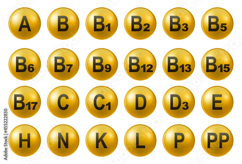 Vitamins round icons. Set of vitamins. Multivitamin supplement. Vector illustration. Healthy life concept
