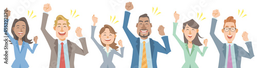 Group of diverse business people pumping fists on white background. Victory, win, glad, successful, cheerful, happy. Vector illustration in flat cartoon style.