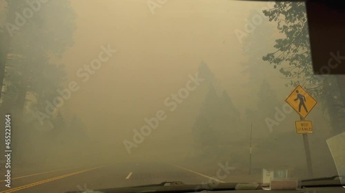 Firefighters View Driving through a large wildfire in forest photo