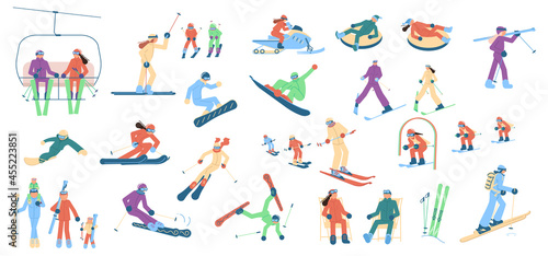 Adult and child skiers  snowboarders and tubing people