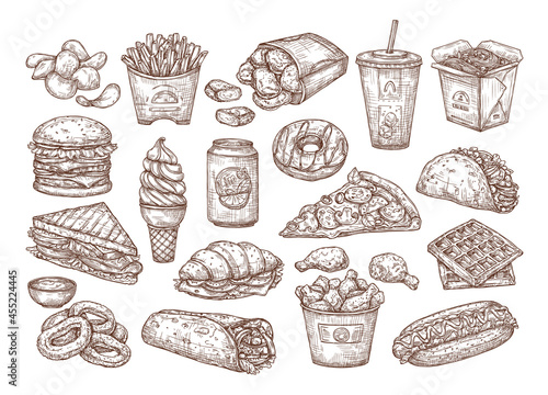 Vector sketch set of fast food. Hand drawing food in vintage style.