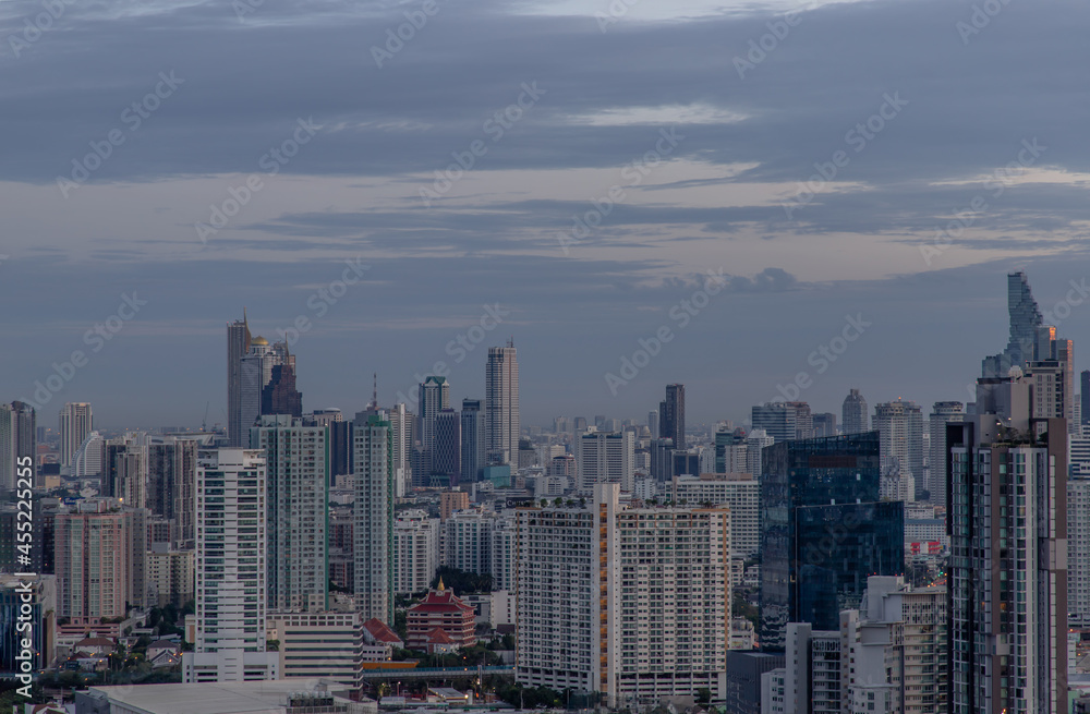 Bangkok, thailand - May 28, 2020 : Sky view of Bangkok with skyscrapers in the business district in Bangkok in the evening beautiful twilight give the city a modern style. Selective focus.