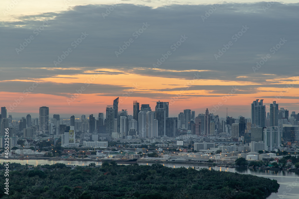 Bangkok, thailand - May 28, 2020 : Sky view of Bangkok with skyscrapers in the business district in Bangkok in the evening beautiful twilight give the city a modern style. Selective focus.