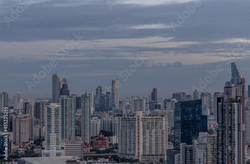 Bangkok  thailand - May 28  2020   Sky view of Bangkok with skyscrapers in the business district in Bangkok in the evening beautiful twilight give the city a modern style. Selective focus.