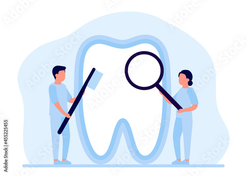 Teeth cleaning, whitening and treatment, checkup by dentist. Tooth restoration, repair, dental care. Oral hygiene. Prevention of dental diseases from dentist. Vector illustration