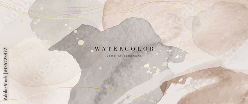 Watercolor art background vector. Wallpaper design with paint brush and gold line art. Earth tone blue, pink, ivory, beige watercolor Illustration for prints, wall art, cover and invitation cards.
