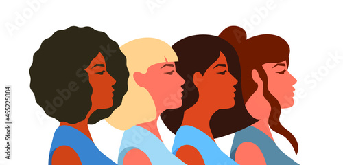 Women of different races in profile, their heads are proudly raised, African, European, Asian, Slavic skin and hair types. Vector illustration, flat cartoon design isolated on white background, eps 10