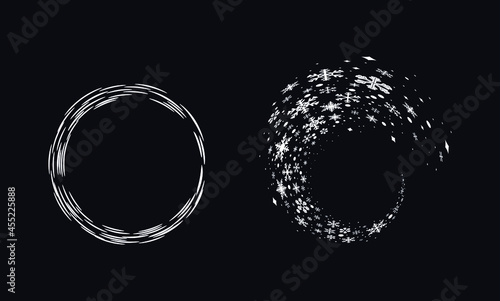 Snow circle. White circle on a dark background, snowflakes and snow balls in a circle. Vector illustration, winter frame, round border, Christmas decoration.