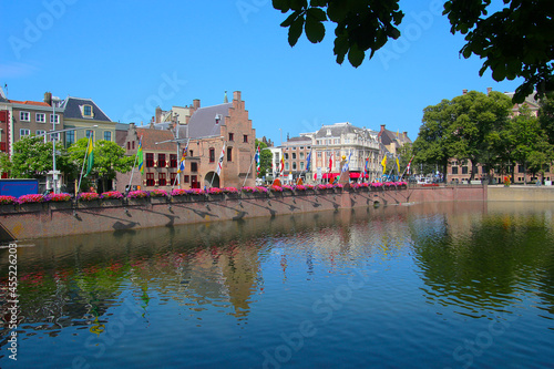 View over court pond called Hofvijver to the Prisoner`s Gate and the Prince William V Gallery, The Hague, Netherlands