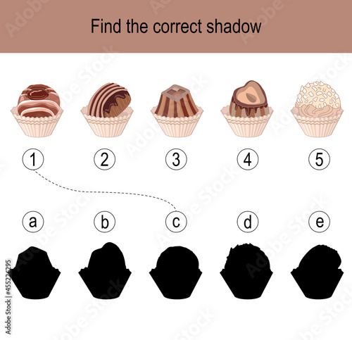 Find the correct shadow puzzle with chocolate sweets. Illustration can be used as logic game for children.