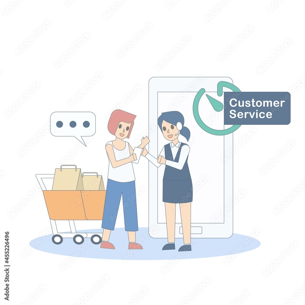 Customer service online at all times,Woman with headphones Give advice about products and services,support information with client,operator application on screen of smart phone,Vector illustration. Customer service online at all times,Woman with headphones Give advice about products and services,support information with client,operator application on screen of smart phone,Vector illustration.