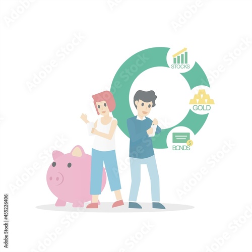 Diversification Investment strategy,portfolio capital allocation, secure savings, asset growth,stocks,gold,bonds,financial Success and Risk balance,Vector illustration.