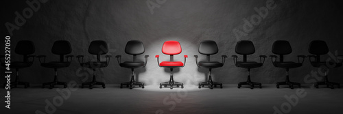 Job interview, recruitment,best,talent concepts.Row of chairs with one odd one out. Job opportunity.Red chair in spotlight.Business leadership. recruitment concept.3D rendering and illustation. photo