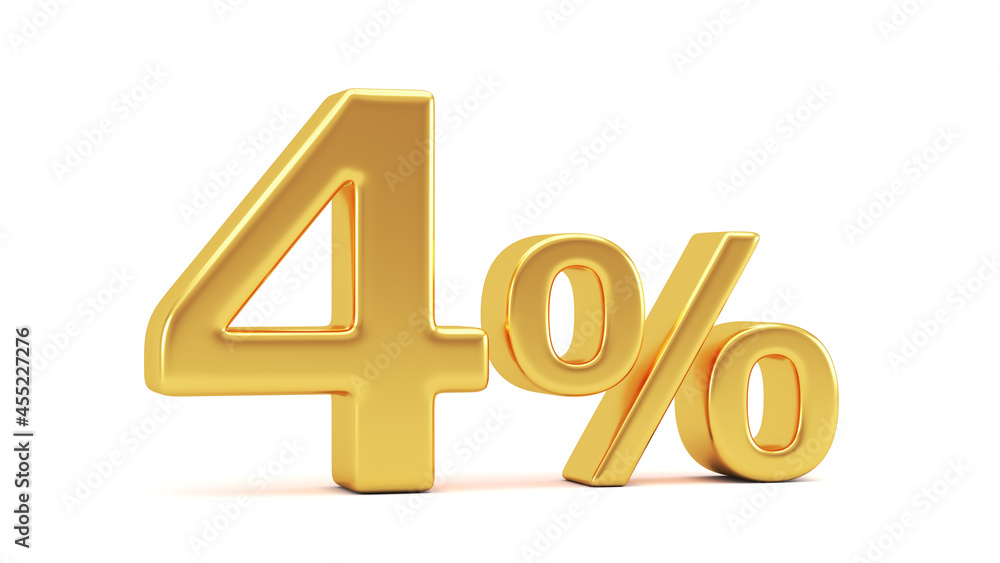 4% discount on sale. Golden four percent isolated on white background. 3d render illustration for business ideas. 4% discount on sale. Golden four percent isolated on white background. 3d render illustration for business ideas.