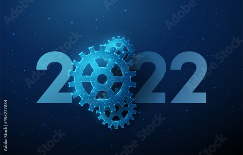 Abstract Happy 2022 New Year greeting card with cogwheel.