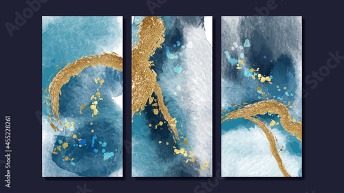 Abstract gold wall arts vector collection.  Triptych wall art vector. Luxury Watercolor paintbrush art design for wall framed prints, canvas prints, poster, home decor, cover, wallpaper.