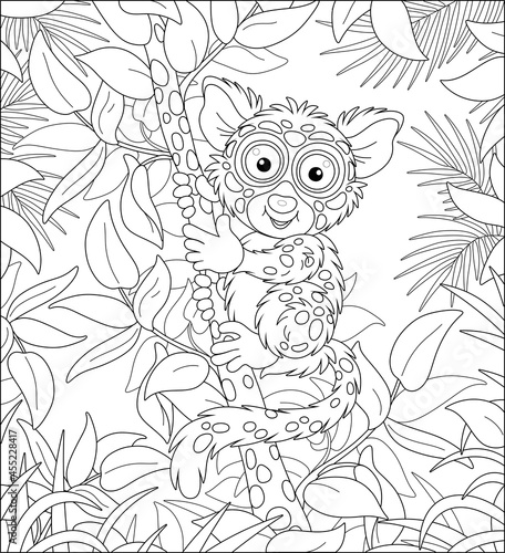 Funny small Philippine tarsier, tree-dwelling exotic primate with very large eyes and a long tufted tail, sitting on a tree branch in a tropical jungle, black and white outline vector cartoon