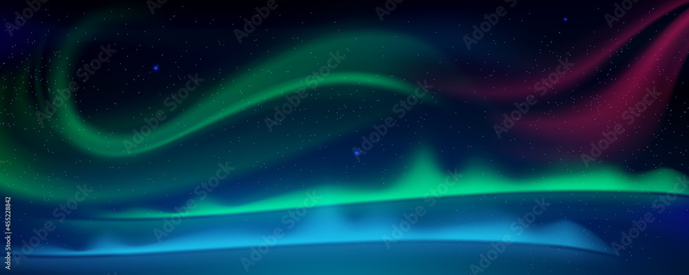 Aurora borealis, northern lights in arctic sky at night. Vector cartoon illustration of winter sky with stars and polar lights with green, blue and pink glow at midnight