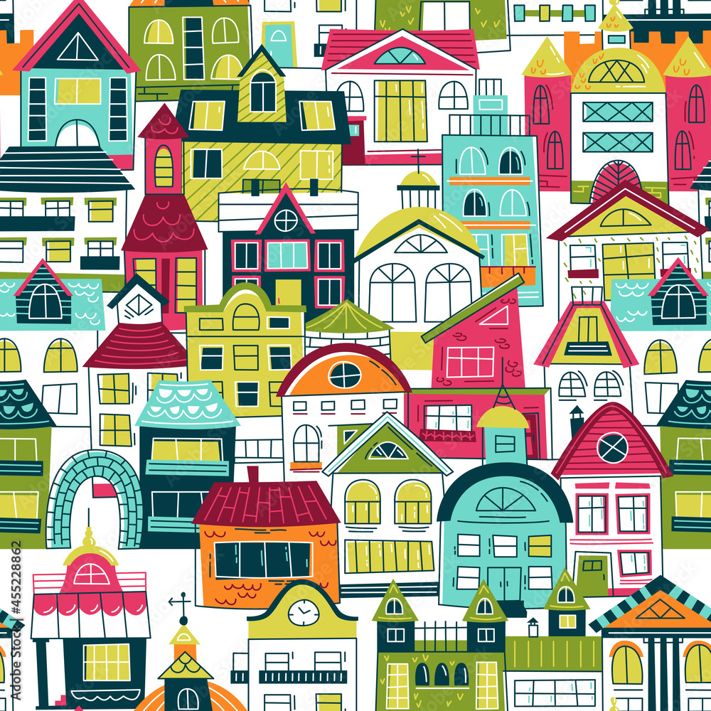 Fototapeta premium Old city - vector seamless pattern in scandinavian style. Repeating pattern for fabric, textile, wallpaper, posters, gift wrapping paper, napkins, tablecloths. Print for kids, children. 
