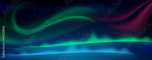 Aurora borealis, northern lights in arctic sky at night. Vector cartoon illustration of winter sky with stars and polar lights with green, blue and pink glow at midnight