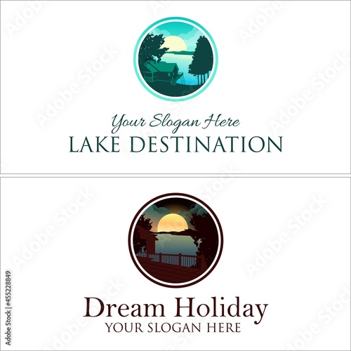 Fototapeta Naklejka Na Ścianę i Meble -  Modern lake house dream holiday resort logo design