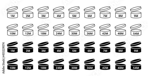 PAO icons. Period after opening symbols. Set packaging signs for cosmetic. Expiration period in months isolated on white. Round box with cap. Linear and black expiry labels. Vector illustration