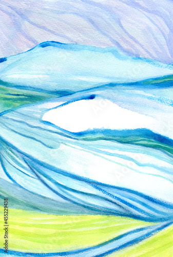 Landscape with sky and hills in blues and greens