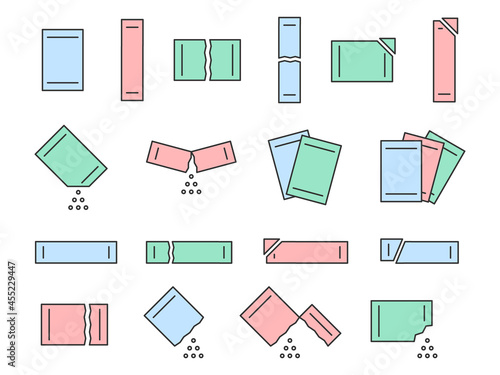 Sachet packet soluble powder line icon set. Open paper pack stick with powder. Soluble bag medication or food sugar, salt, cofee. Symbol pouch editable stroke. Vector illustration