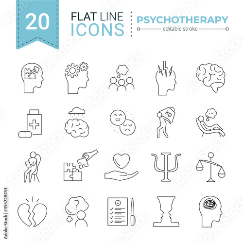 Psychotherapy and psychology line icon set. Simple thin outline pictogram collection. Mental health elements. Anxiety, group therapy, mood disorder, depression. Editable stroke vector illustration