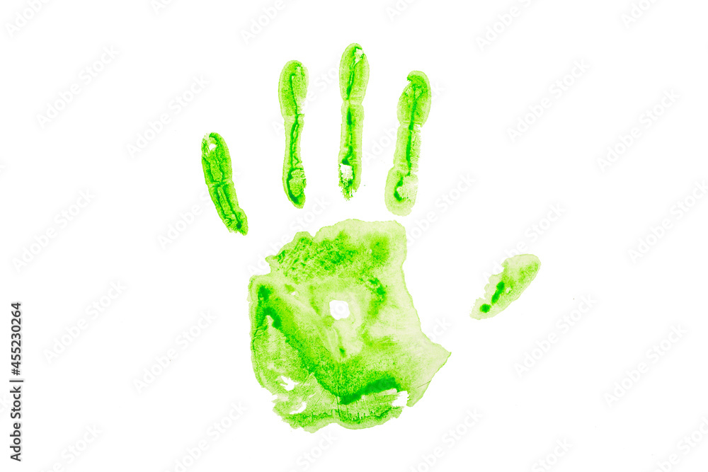 Green handprint on white paper. Colored green palm shapes isolate Green handprint on white paper. Colored green palm shapes isolate