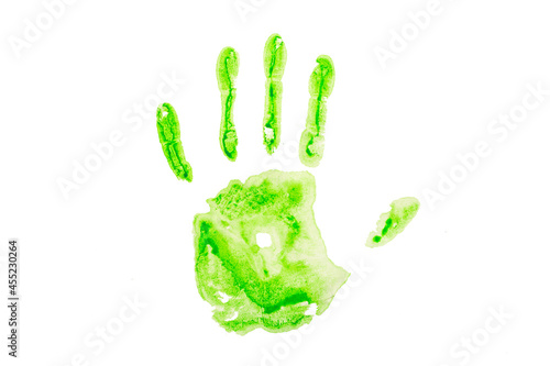 Green handprint on white paper. Colored green palm shapes isolate