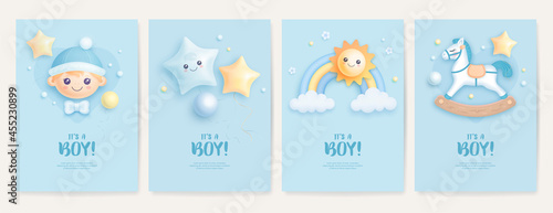 Set of baby shower invitation with cartoon boy, horse, rainbow and sun on blue background. It's a boy. Vector illustration