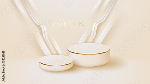 Realistic white display stand with golden curve lines scene, podium showing product for promotion sales and marketing. luxury style background. 3d vector illustration.