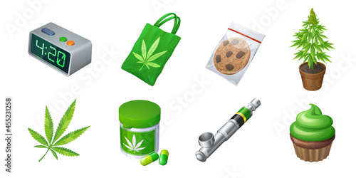 Set of cannabis production and equipment, bag with marijuana leaf, cookie in plastic pack, vaporizer or smoking tube, pills bottle, timer, plant in pot, cupcake. Cbd products, Cartoon vector 3d icons
