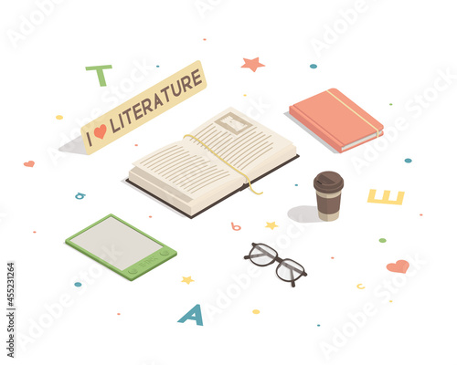 Isometric book and ebook reader isolated