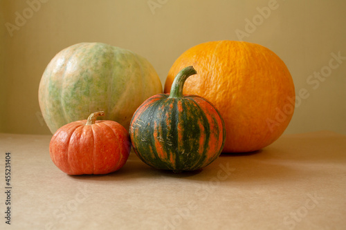 a few pumpkins, a harvest. pumpkins of different sizes.
