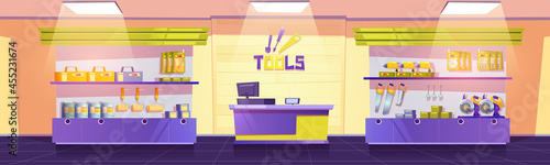 Tools shop with drills, hand saws, screwdrivers and spanners on shelves. Vector cartoon interior of empty store with instruments for construction, repair and carpentry works