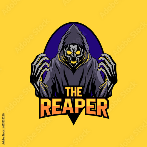 esport logo with grim reaper skull mascot, this logo is suitable for logos of esports teams, game developers, games and software, streamers and life challenging action activities