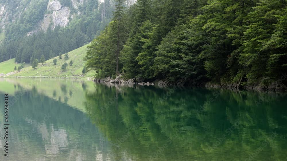 seealpsee lake in switzerland with turquoise water fir forest and mountains in the mist in the background during the day without people seealpsee lake in switzerland with turquoise water fir forest and mountains in the mist in the background during the day without people