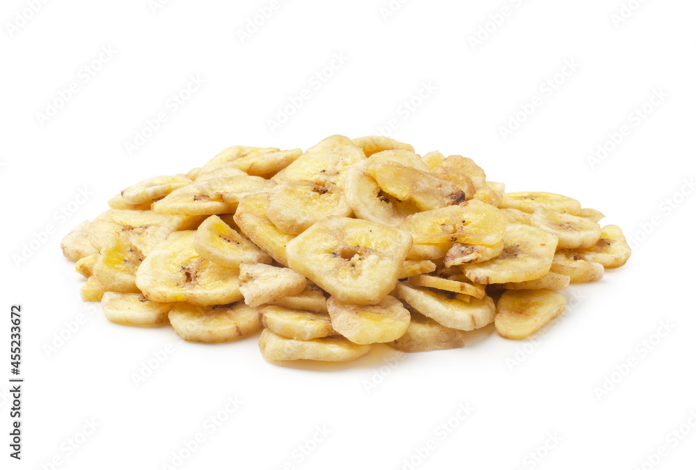Homemade banana chips or dried and fried banana slices isolated Homemade banana chips or dried and fried banana slices isolated