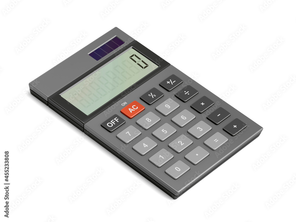 Gray office calculator with solar panel on white background Gray office calculator with solar panel on white background