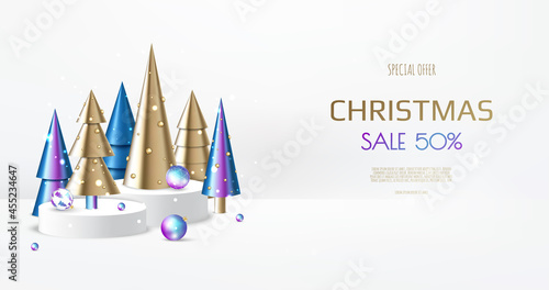 3D circle podium display with Christmas tree. Winter holiday background.