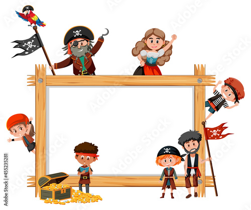 Empty wooden frame with many pirate kids cartoon character