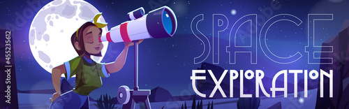 Space exploration banner with woman looking through telescope on night sky. Concept of science discovery in astronomy. Vector poster with cartoon girl watching stars and planets